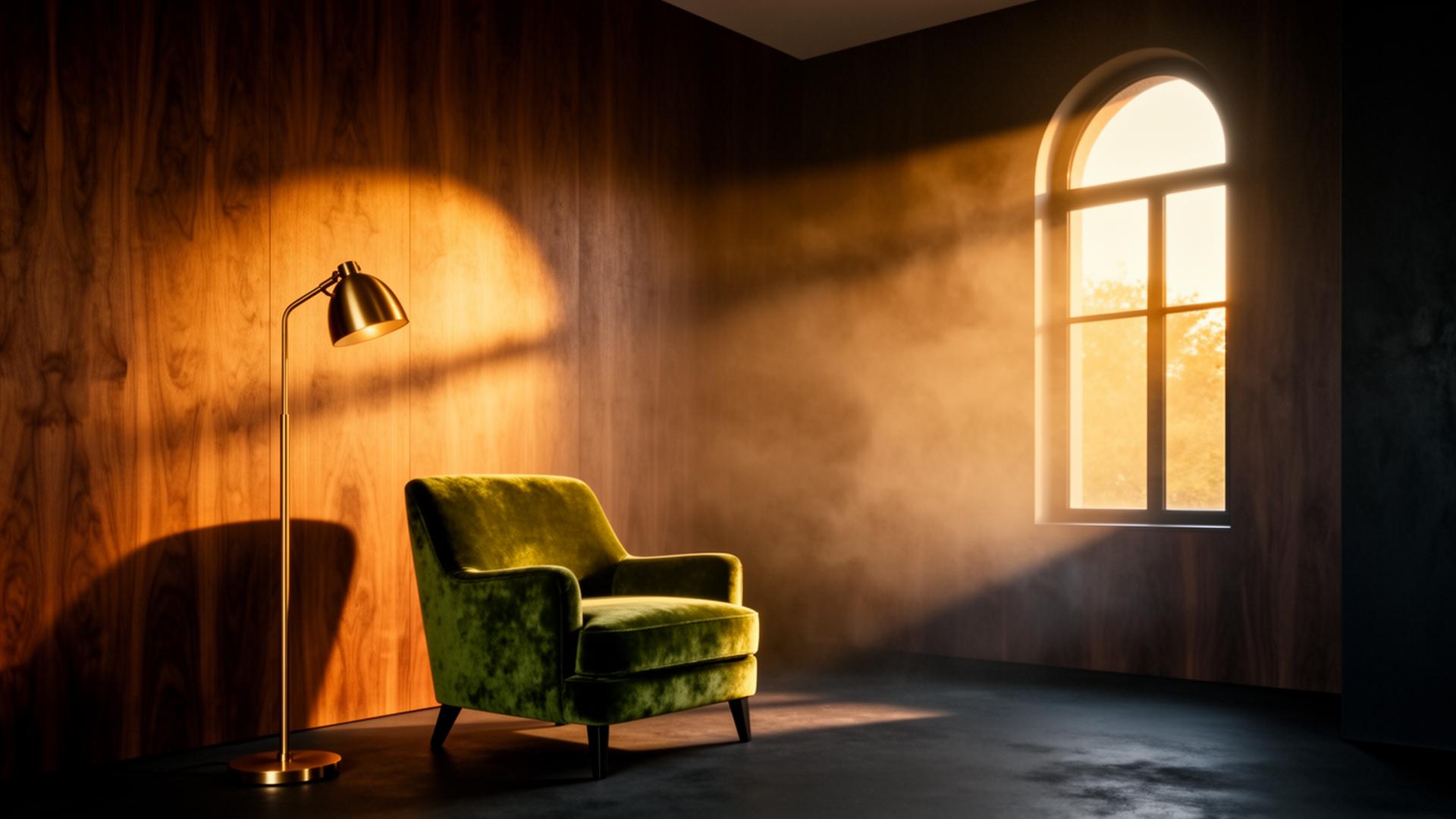 Cinematic interior with warm amber light and walnut paneling